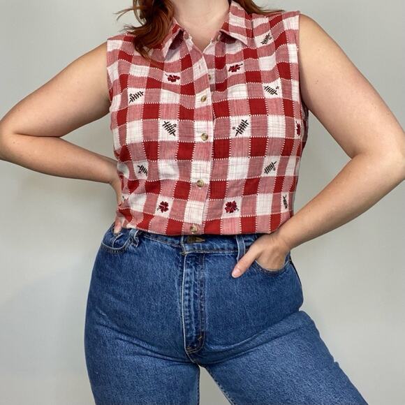 Vintage 90s XL Floral Embroidered Gingham Print Sleeveless Button Down Blouse - Picture 2 of 12